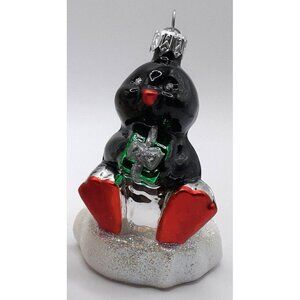 Penguin Christmas Ornament Holding Gift Box Glitter Base 2000 Handcrafted Glass